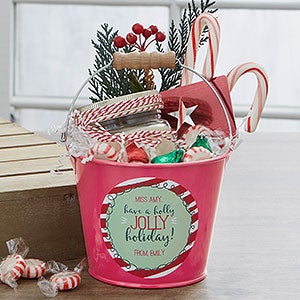 Holly Jolly Personalized Mini Metal Teacher Bucket - Pink