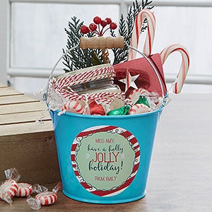 Holly Jolly Personalized Mini Metal Teacher Bucket - Teal