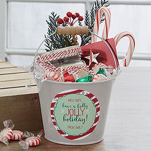 Holly Jolly Personalized Mini Metal Teacher Bucket - Silver