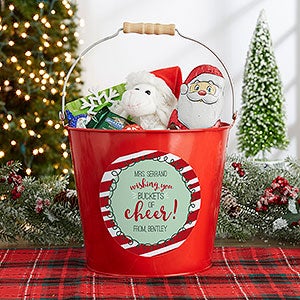 Holly Jolly Personalized Large Metal Teacher Bucket - Red