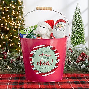 Holly Jolly Personalized Large Metal Teacher Bucket - Pink