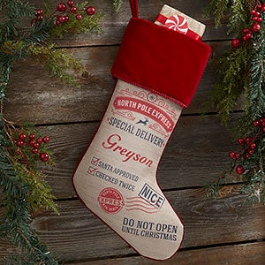 Special Delivery Personalized Burgundy Christmas Stocking