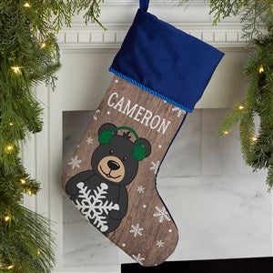 Holiday Bear Family Personalized Blue Christmas Stocking