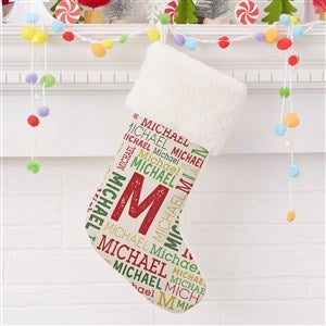 Name & Monogram Personalized Ivory Faux Fur Christmas Stocking