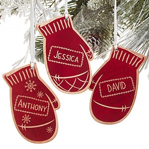 Family Winter Mitten Engraved Red Wood Ornament