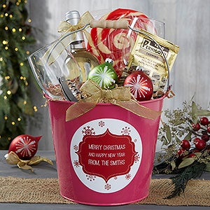 Christmas Snowflakes Personalized Pink Metal Gift Bucket