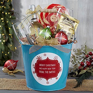 Christmas Snowflakes Personalized Teal Metal Gift Bucket