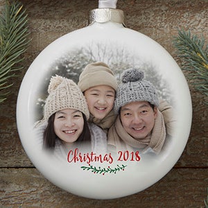 Personalized Slim Globe Photo Christmas Ornament - Holly Branch