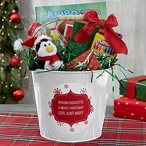 Merry Christmas Personalized Kids White Metal Gift Bucket