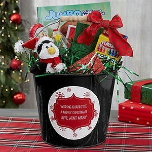 Merry Christmas Personalized Kids Black Metal Gift Bucket