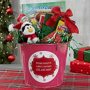 Merry Christmas Personalized Kids Pink Metal Gift Bucket