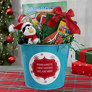 Merry Christmas Personalized Kids Teal Metal Gift Bucket