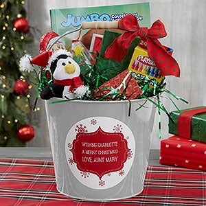 Merry Christmas Personalized Kids Silver Metal Gift Bucket