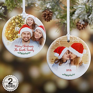 Holly Branch Small 2 Sided Photo Ornament - Christmas Clearance