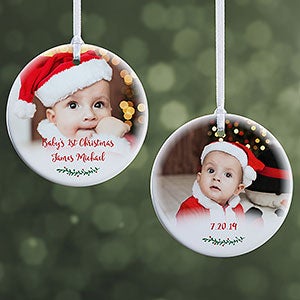 Holly Branch Baby Photo Ornament - 2 Sided Small