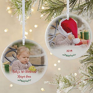 Holly Branch Baby Photo Ornament - 2 Sided Large