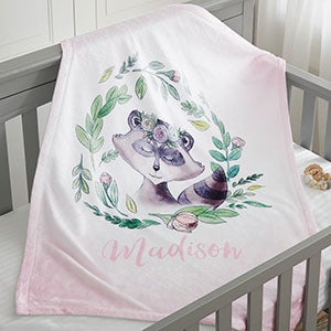 Woodland Floral Raccoon Personalized Fleece Baby Blanket