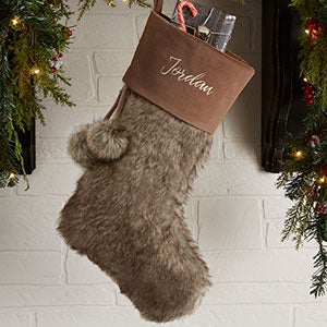 Embroidered Brown Faux Fur Christmas Stocking