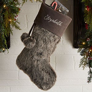 Embroidered Grey Faux Fur Christmas Stocking