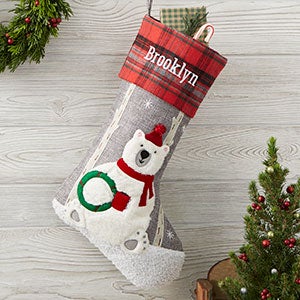 Polar Bear Personalized Plaid Christmas Stocking