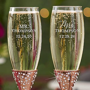 Radiant Rose Gold Etched Wedding Champagne Flutes