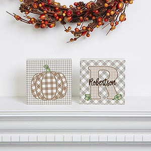 Personalized Shelf Blocks - Fall Plaid Pumpkin