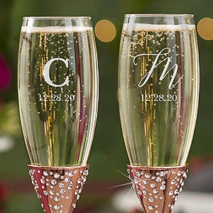 Sparkling Rose Gold Monogrammed Champagne Flutes