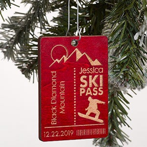 Ski Pass Personalized Red Wood Ornament