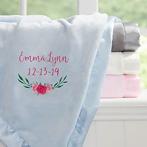 Floral Embroidered Blue Baby Blanket