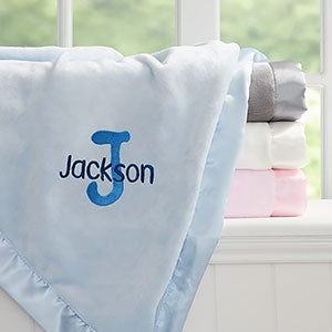 Name & Initial Embroidered Blue Satin Trim Baby Blanket