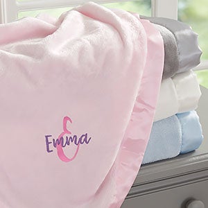 Name & Initial Embroidered Pink Satin Trim Baby Blanket