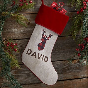 Cozy Cabin Buffalo Check Personalized Burgundy Christmas Stockings