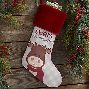 Baby Moose Personalized First Christmas Burgundy Stocking