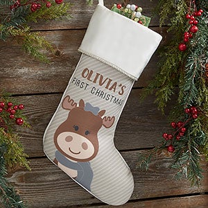 Baby Moose Personalized First Christmas Ivory Stocking