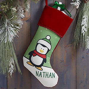 Penguin Characters Personalized Burgundy Christmas Stockings