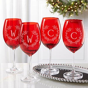 Christmas Wreath Monogram Crystal Wine Glasses