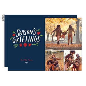 Seasons Greetings Floral 3 Photo Holiday Card - Set of 15