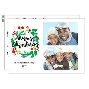 Holly Wreath 2 Photo Premium Christmas Card - Set of 15