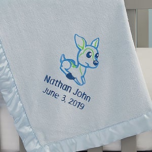 Deer Embroidered Blue Baby Blanket