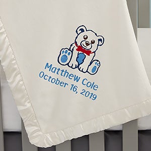 Teddy Bear Embroidered Ivory Baby Blanket