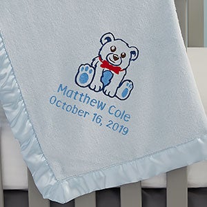 Teddy Bear Embroidered Blue Baby Blanket