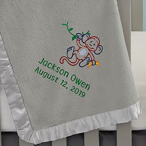 Monkey Embroidered Grey Baby Blanket