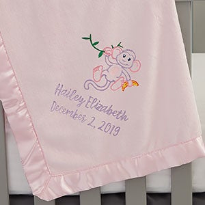 Monkey Embroidered Pink Baby Blanket