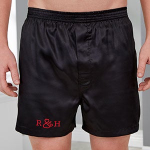 Loving Couple Embroidered Black Satin Boxers - Large