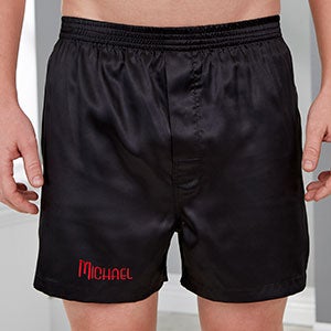 Just For Him Embroidered Black Satin Boxers - Large