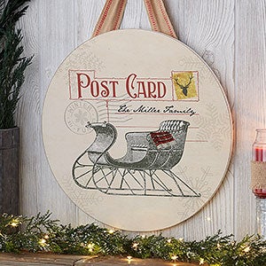 Postcard Christmas Sleigh Personalized Wood Round Sign