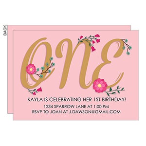 First Birthday Pink Floral Premium Party Invitation - Set of 5