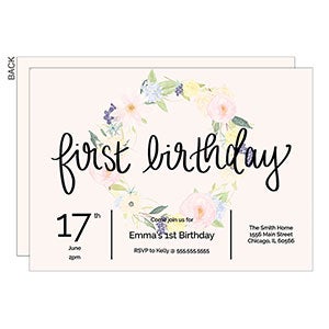 Floral Wreath 1st Birthday Party Invitation - Set of 5