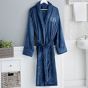 Floral Wreath Embroidered Luxury Navy Fleece Robe