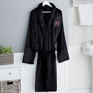 Floral Wreath Embroidered Luxury Black Fleece Robe